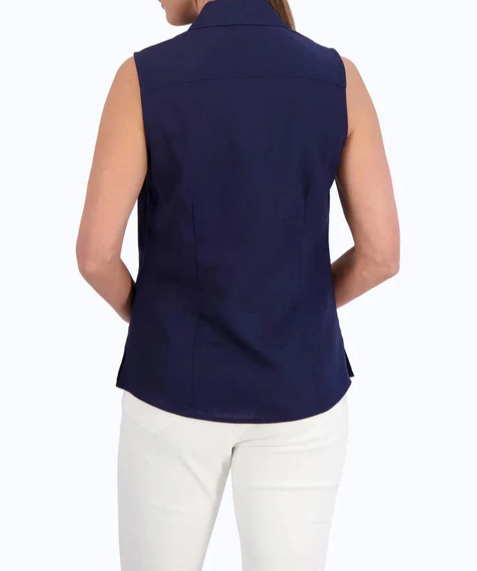 Ashley Easy Care Solid Linen Sleeveless Shirt | Navy