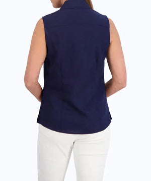 Ashley Easy Care Solid Linen Sleeveless Shirt | Navy