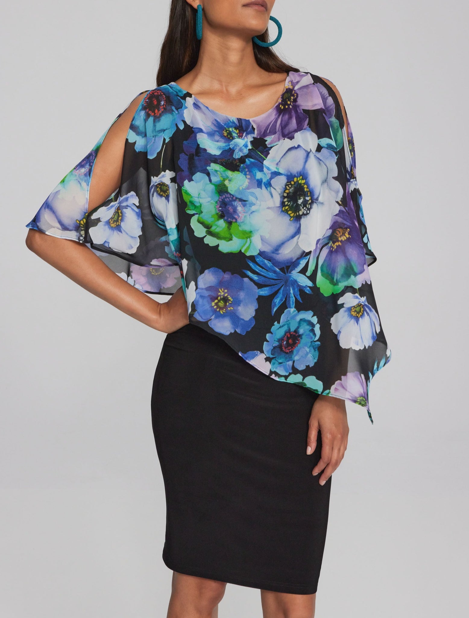 Floral Print Chiffon and Silky Knit Dress| Black Multi