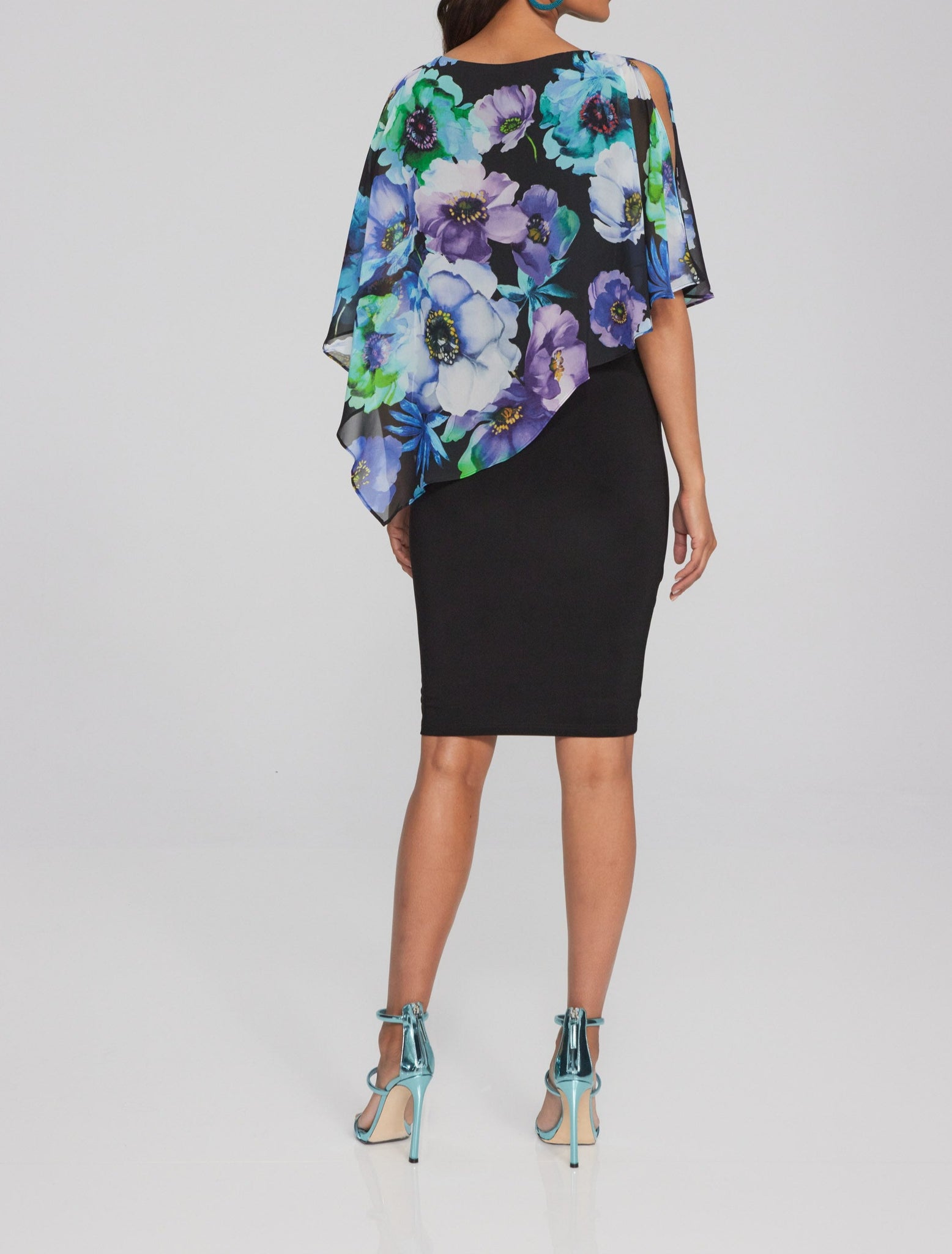 Floral Print Chiffon and Silky Knit Dress| Black Multi