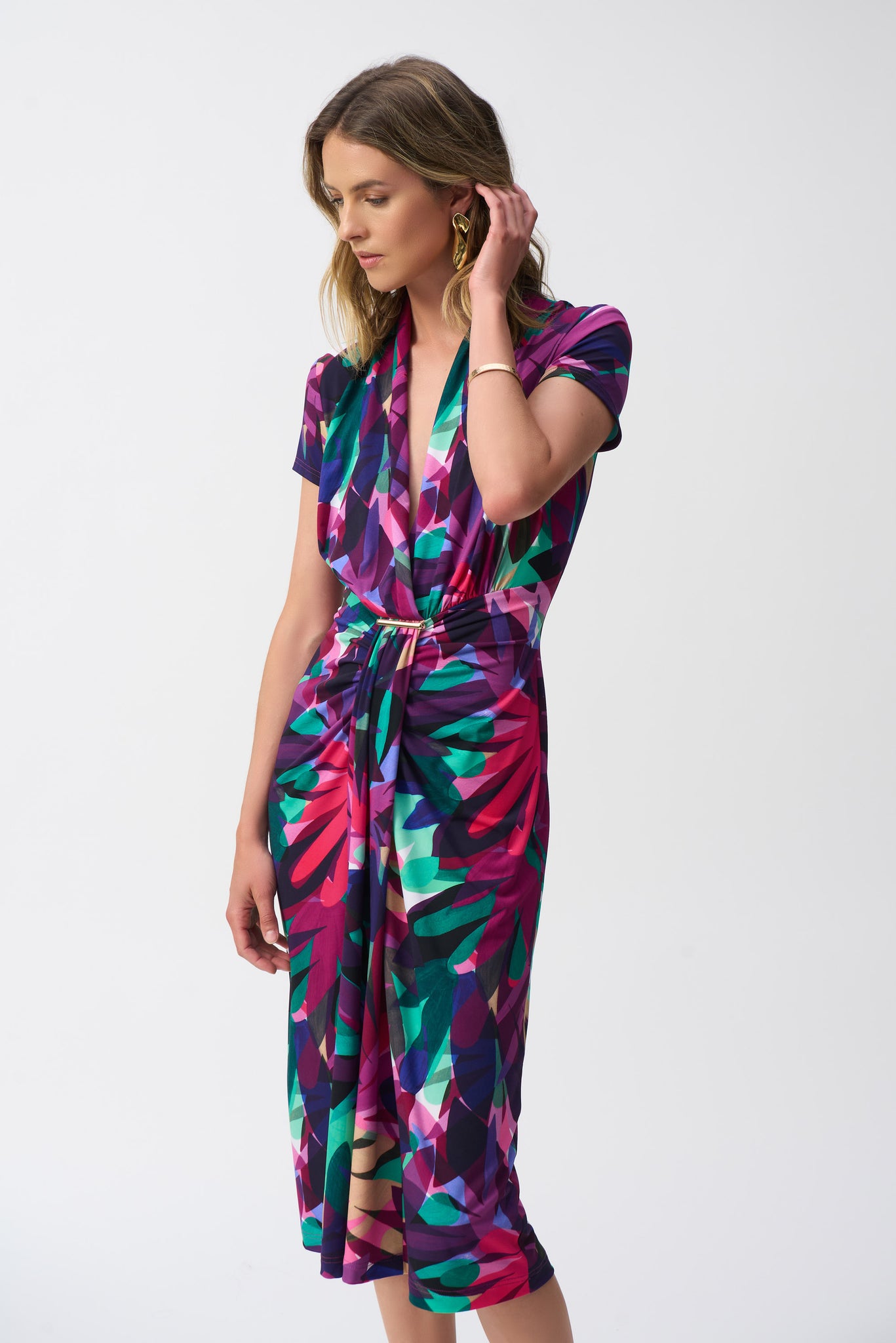 Silky Knit Tropical Print Wrap Dress
