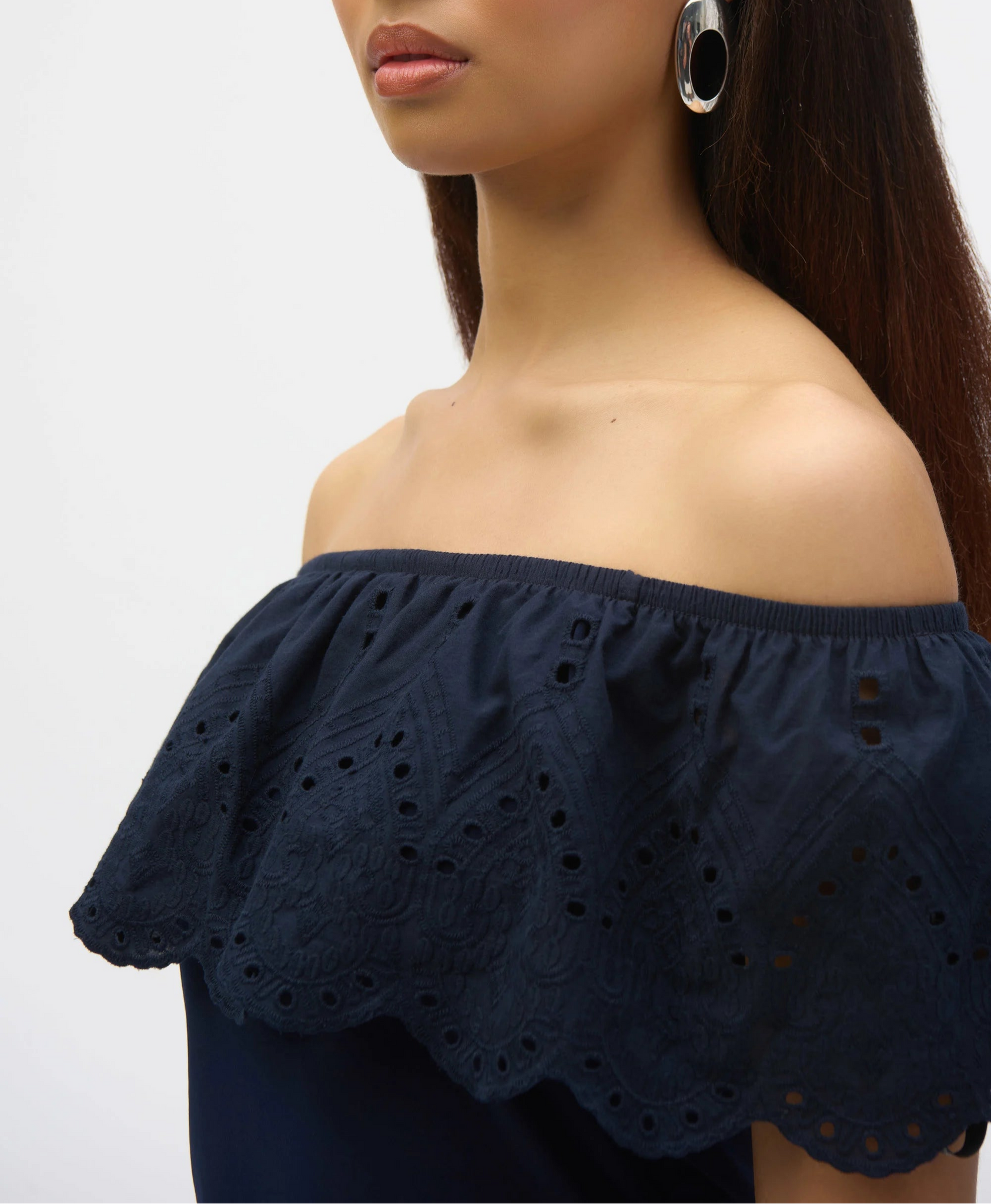Silky Knit And Eyelet Lace Off-Shoulder Top | Dark Blue