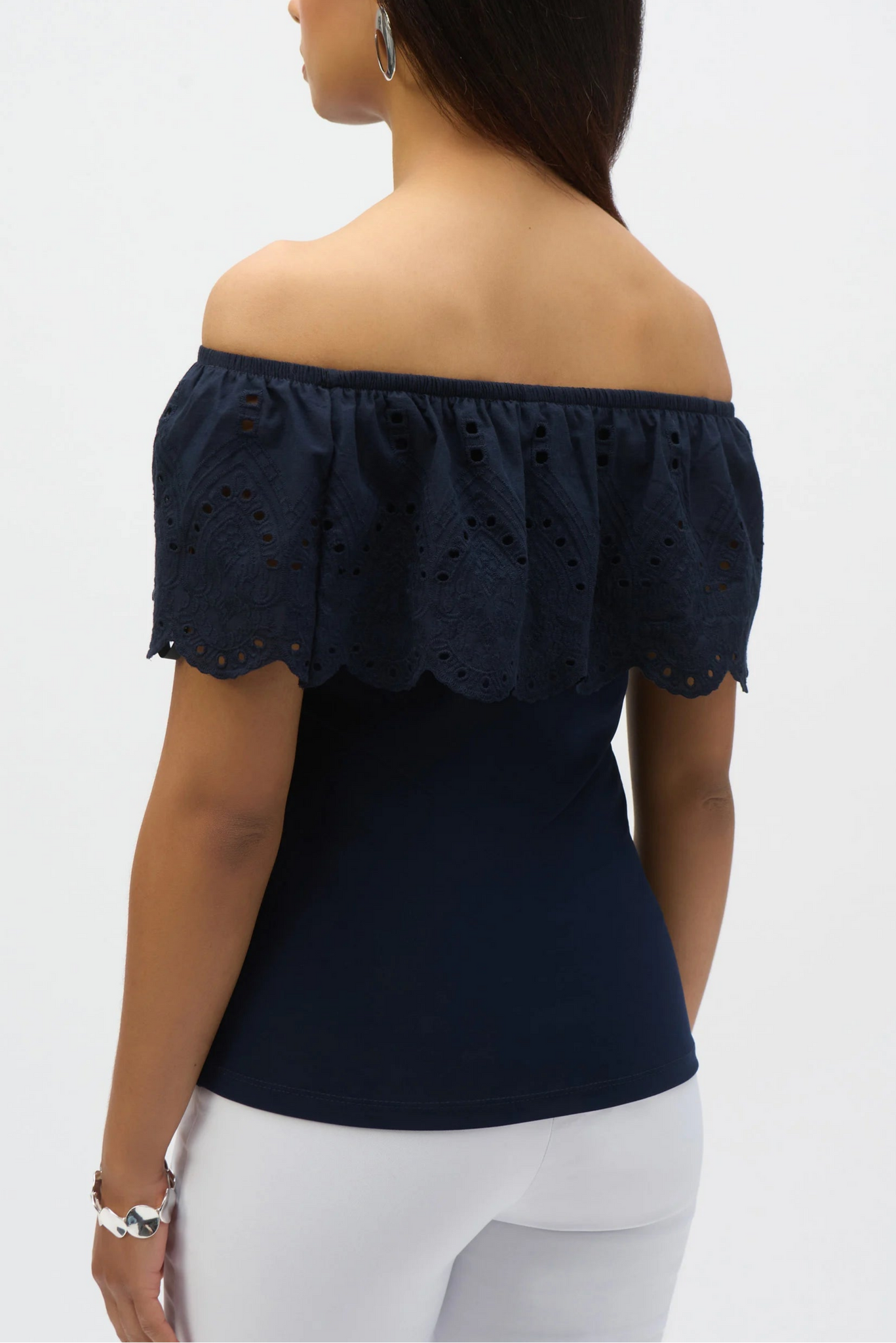 Silky Knit And Eyelet Lace Off-Shoulder Top | Dark Blue