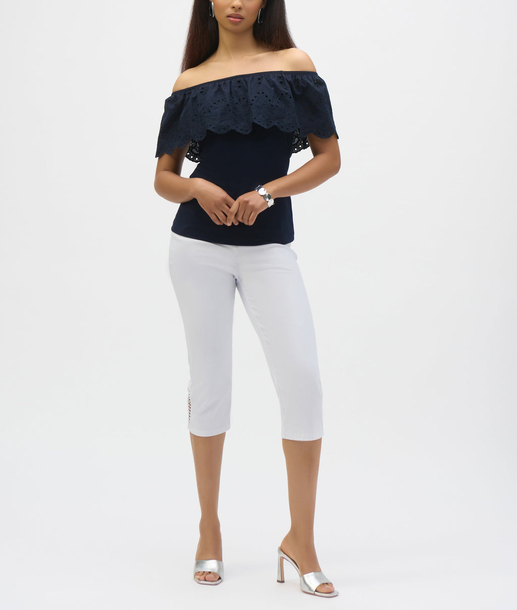 Silky Knit And Eyelet Lace Off-Shoulder Top | Dark Blue