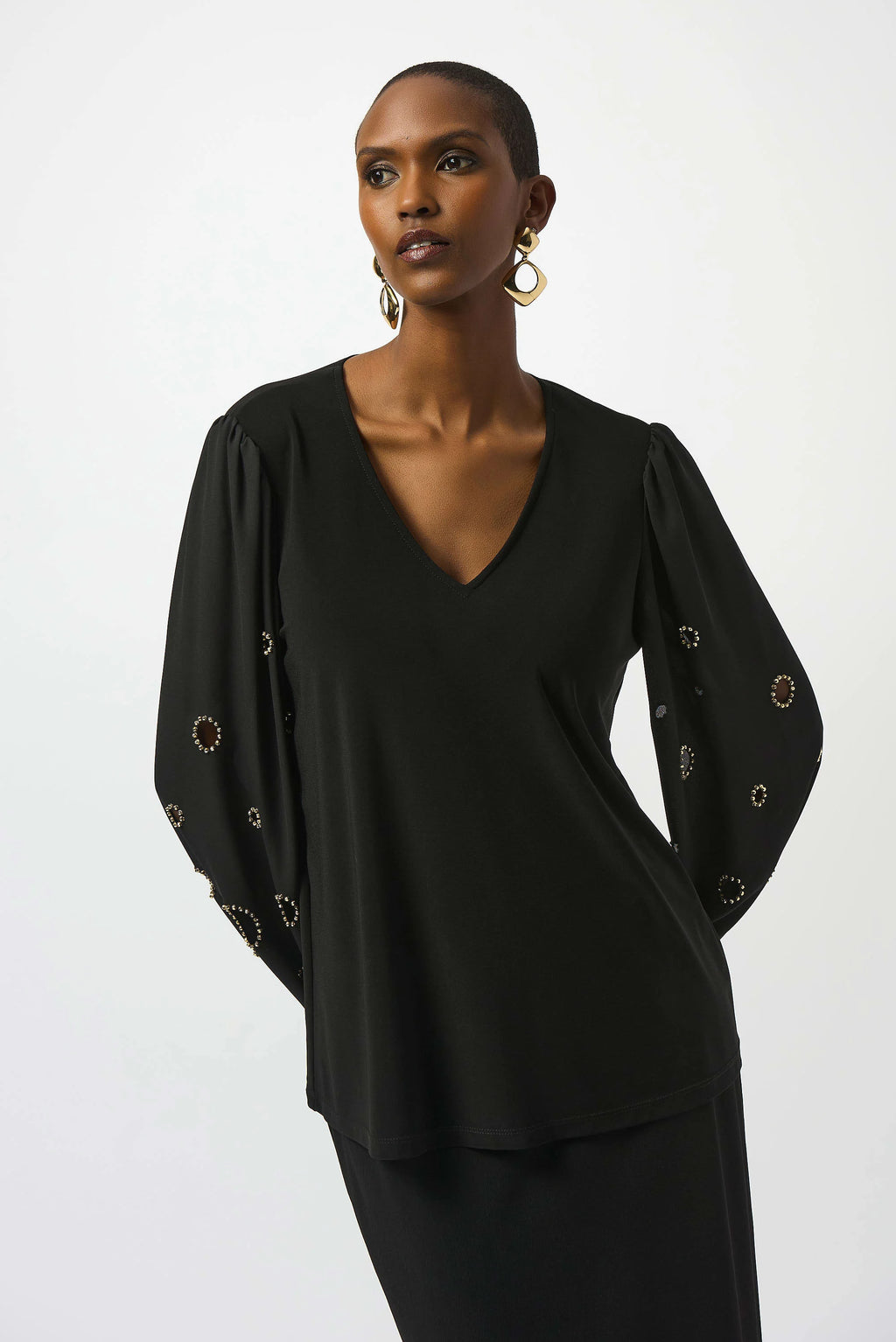 Silky Knit & Georgette Top With Sleeve Beading