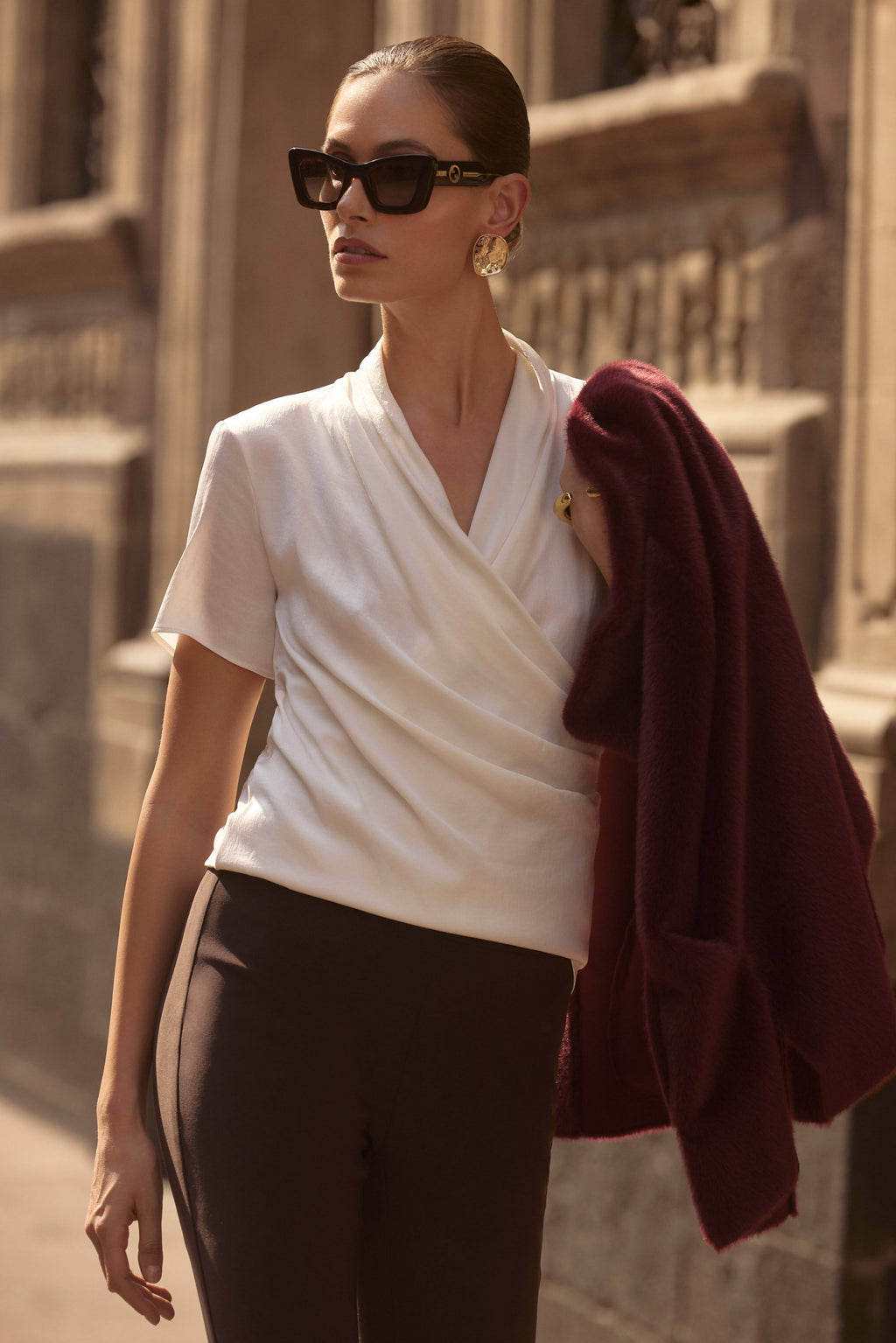 Recycled Satin And Silky Knit Wrap Top