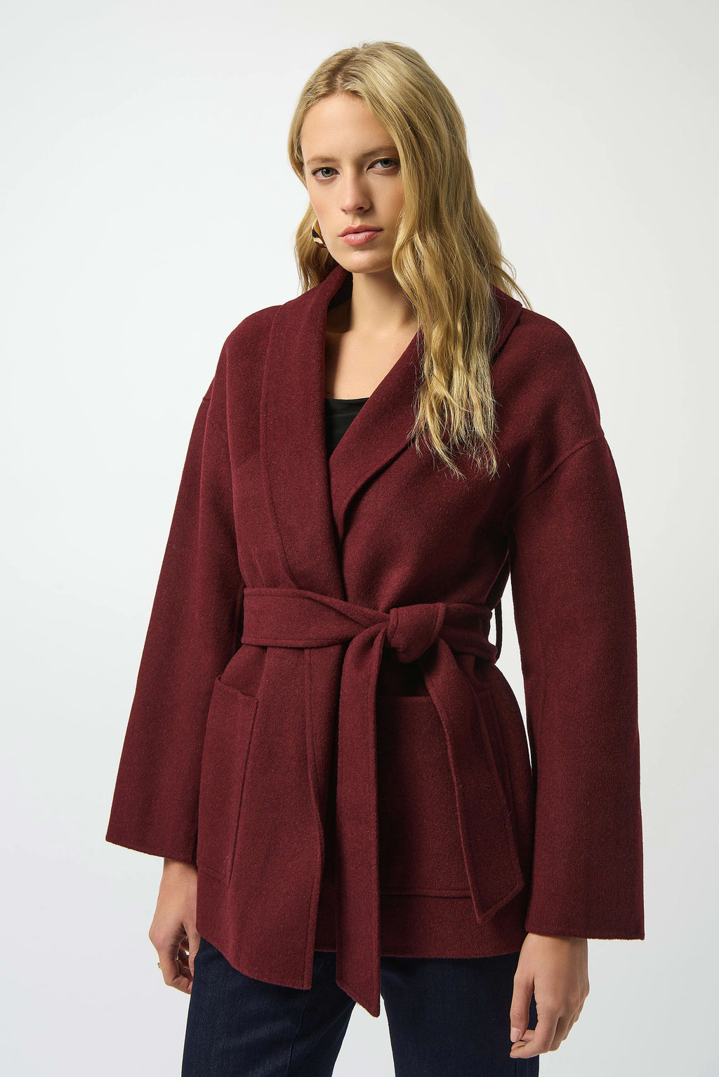 Wool Blend Belted Coat with Shawl Collar