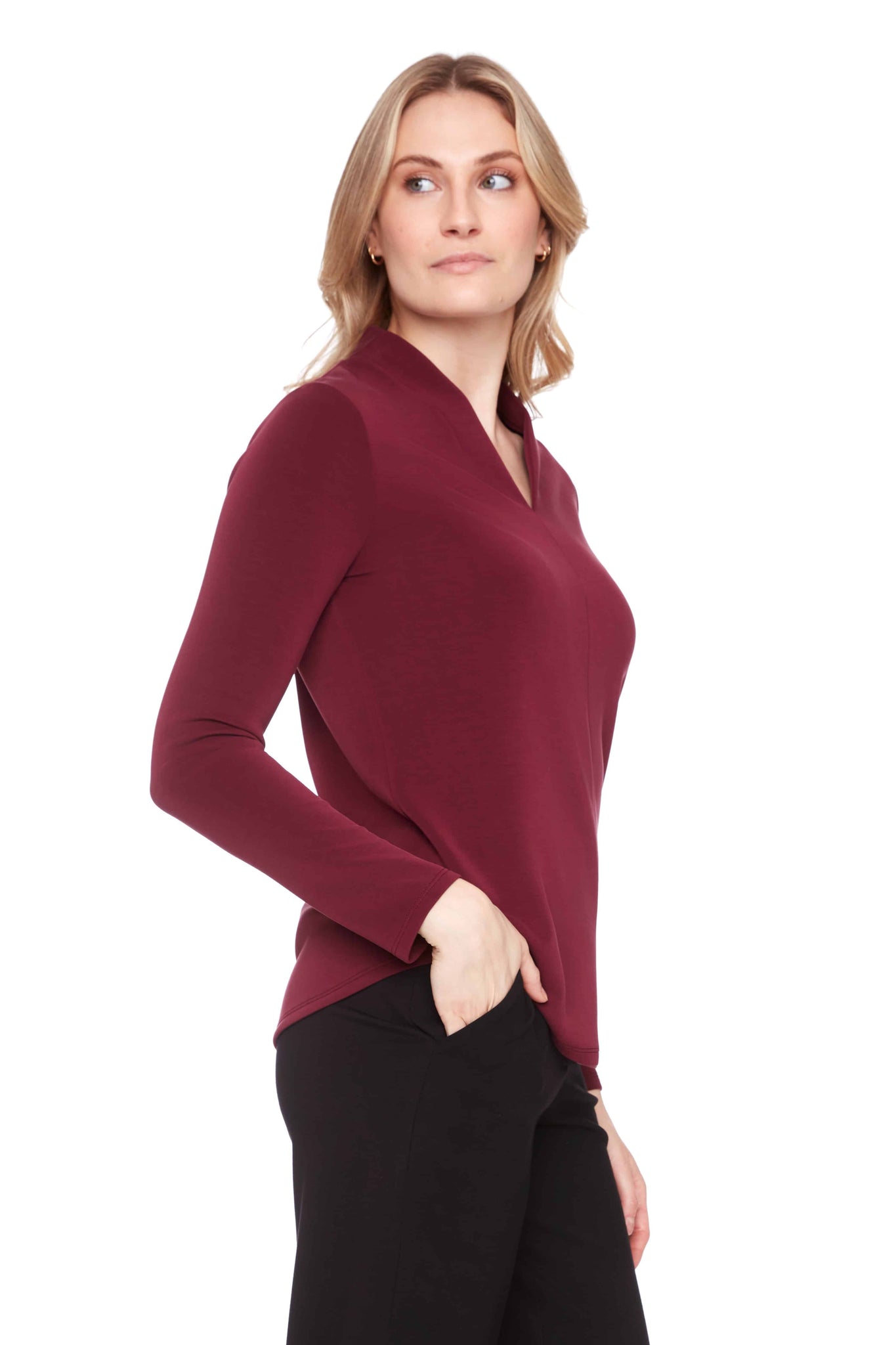 Long Sleeve V-Neck Top in Merlot