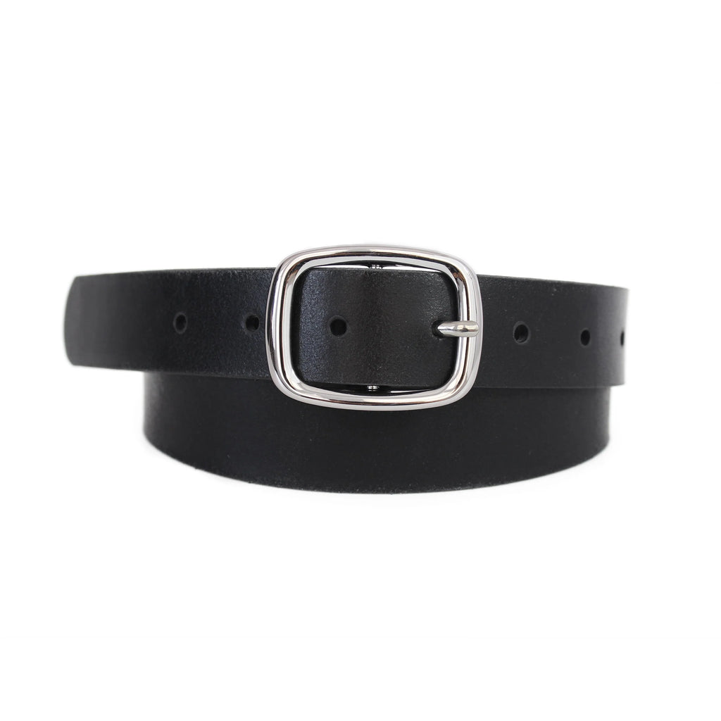 Basic Silver Rectangle Buckle Leather Belt | Black