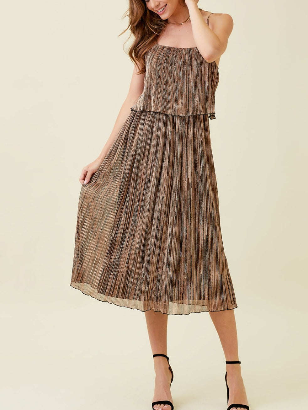 PLEATED GLITTER CAMI DRESS | Copper