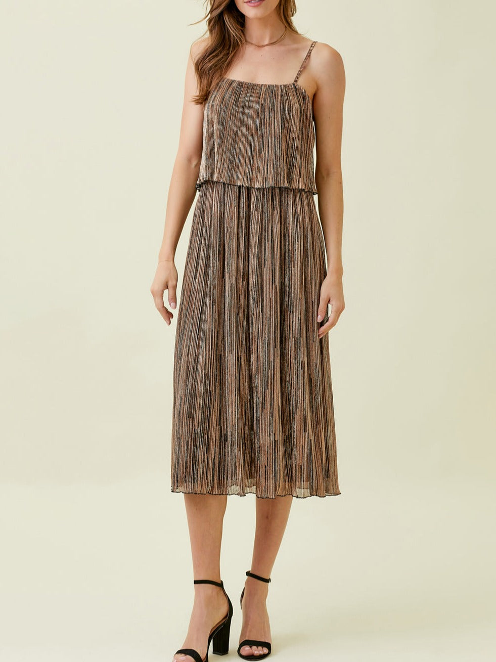 PLEATED GLITTER CAMI DRESS | Copper