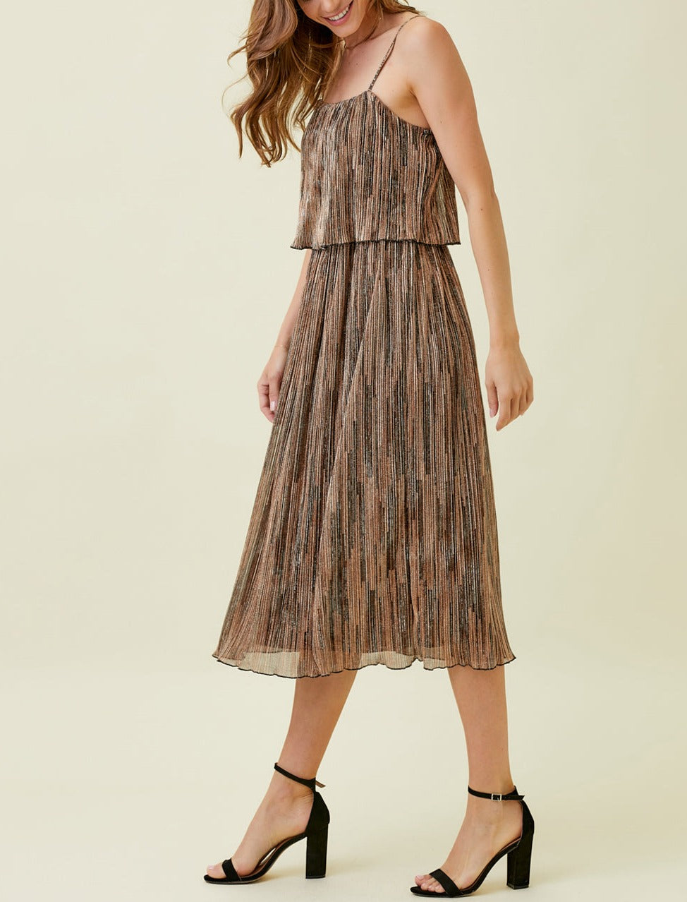 PLEATED GLITTER CAMI DRESS | Copper