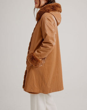 Hooded Reversible Faux Fur Coat | Caramel