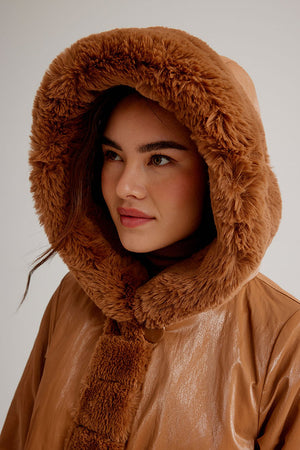 Hooded Reversible Faux Fur Coat | Caramel