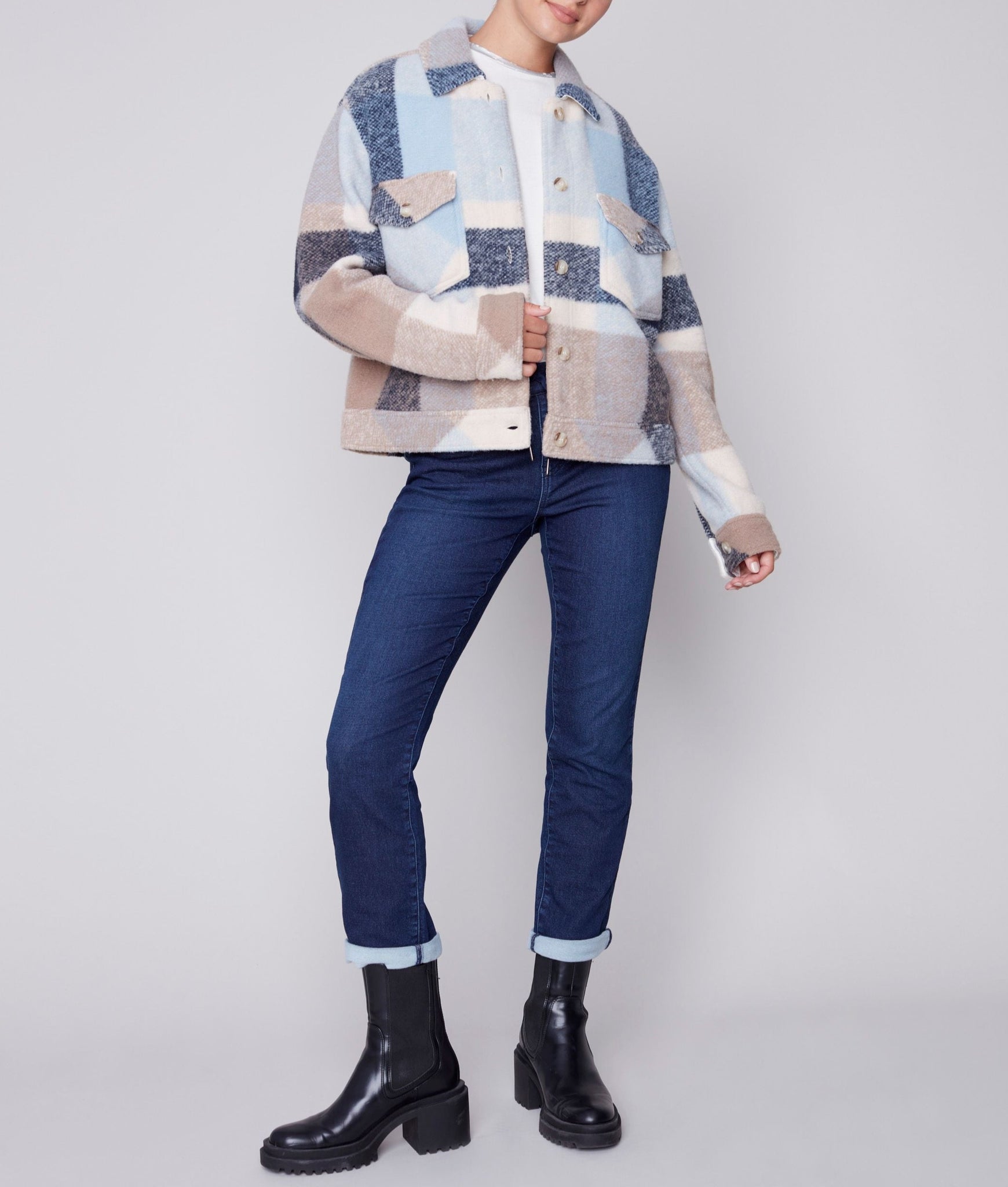 Plaid Boiled Wool Short Jacket | Snowflake