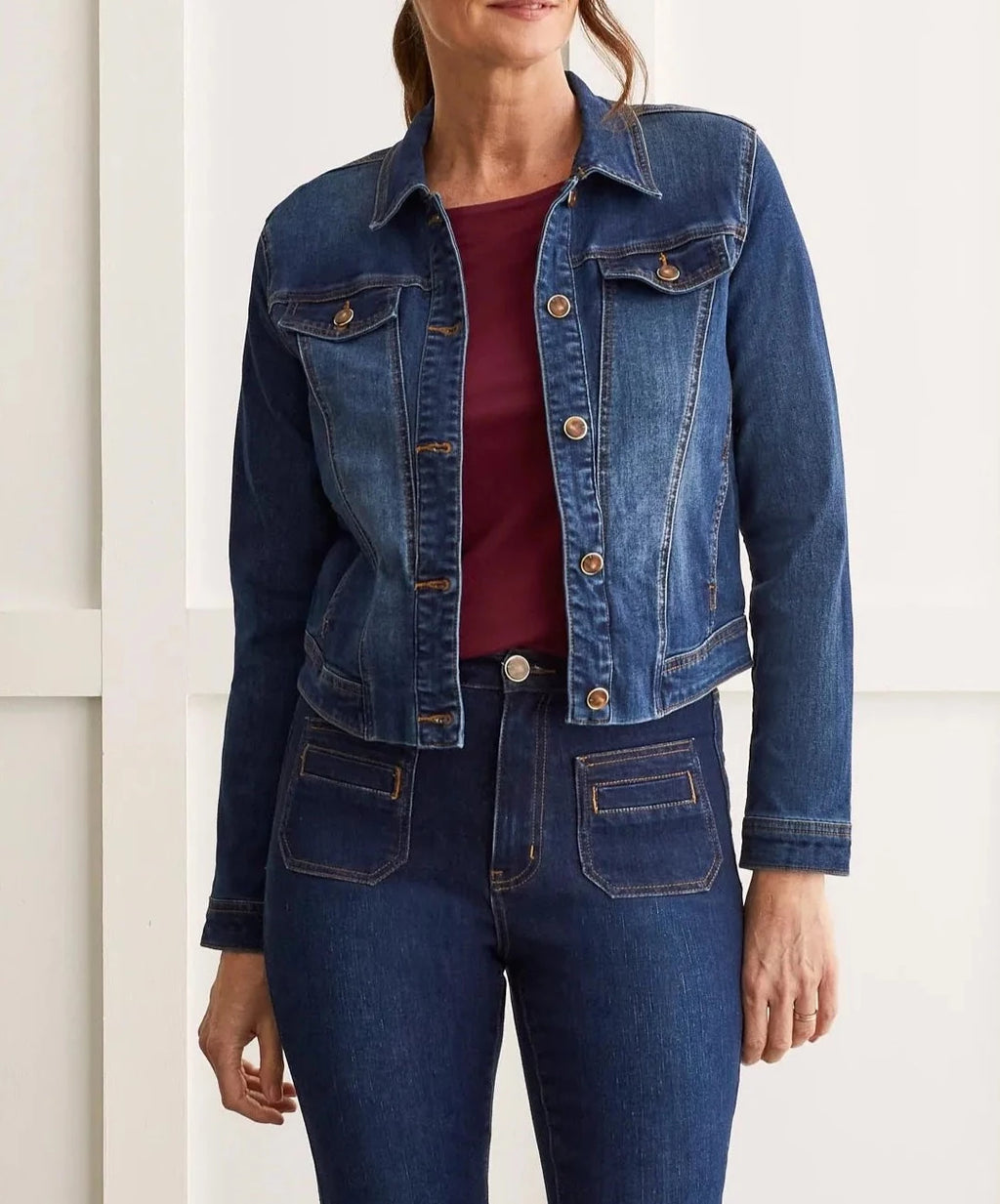 Horn-Button Stretch Denim Jacket | Blue Moon