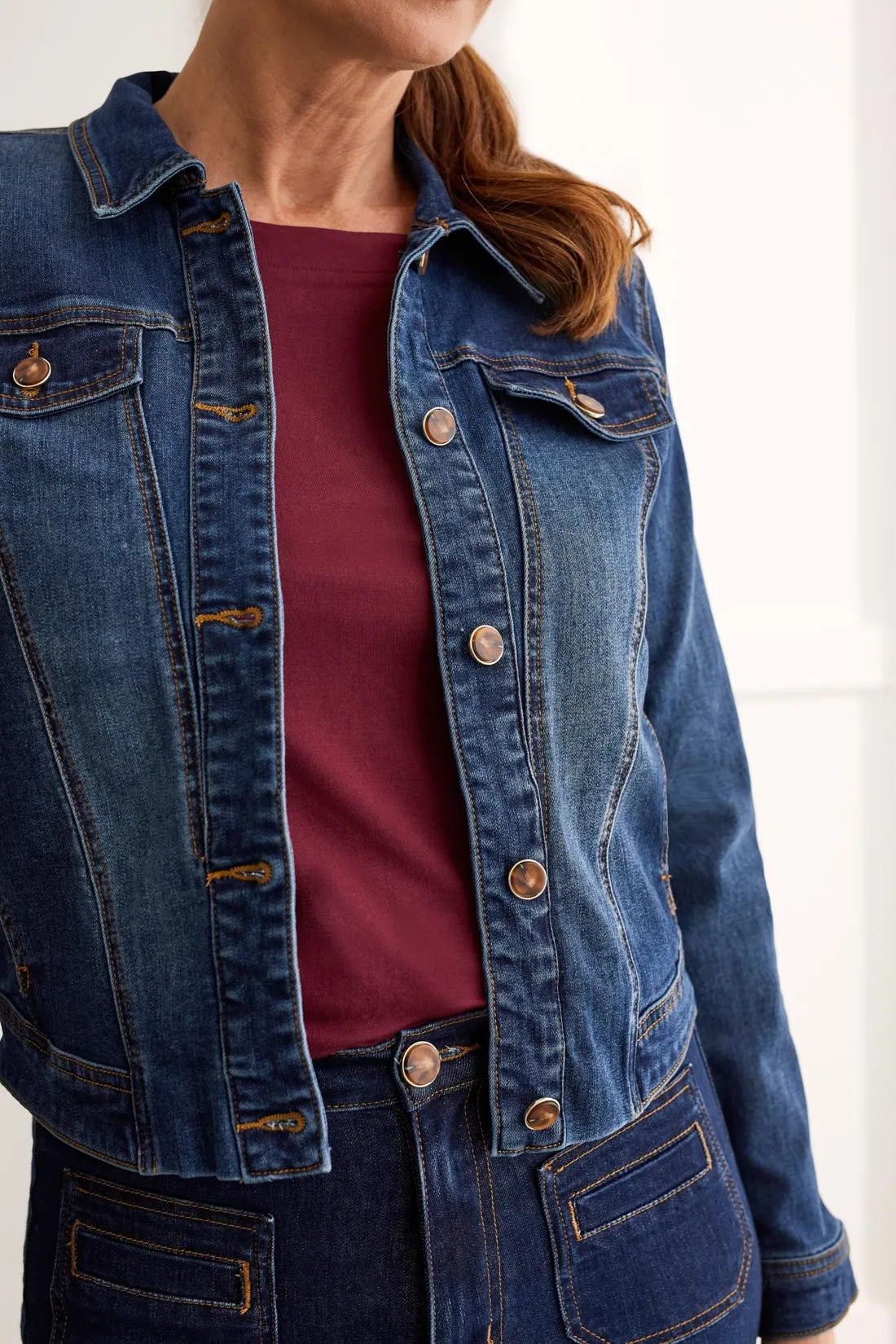 Horn-Button Stretch Denim Jacket | Blue Moon