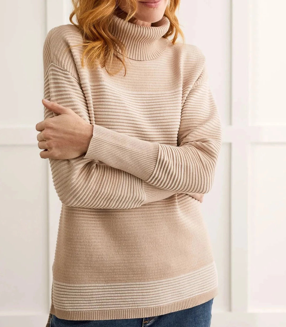 Two-Tone Ottoman Turtleneck Tunic Sweater | Cashmere