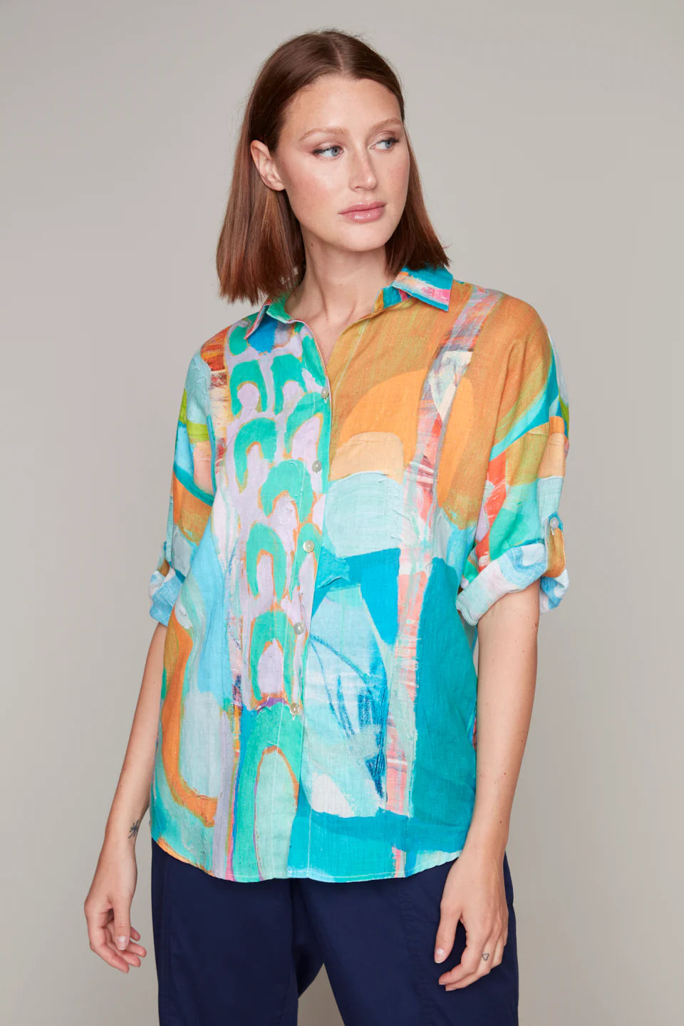 Peacock in a Pen 3/4-length Sleeve Button Front Blouse