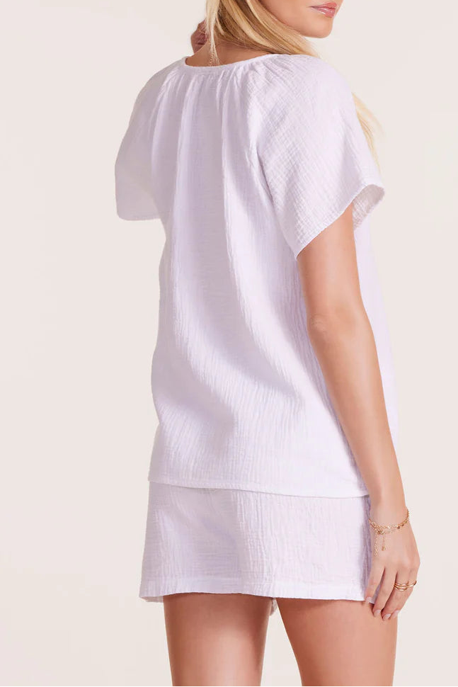 Shirred Short-Sleeve Henley Blouse