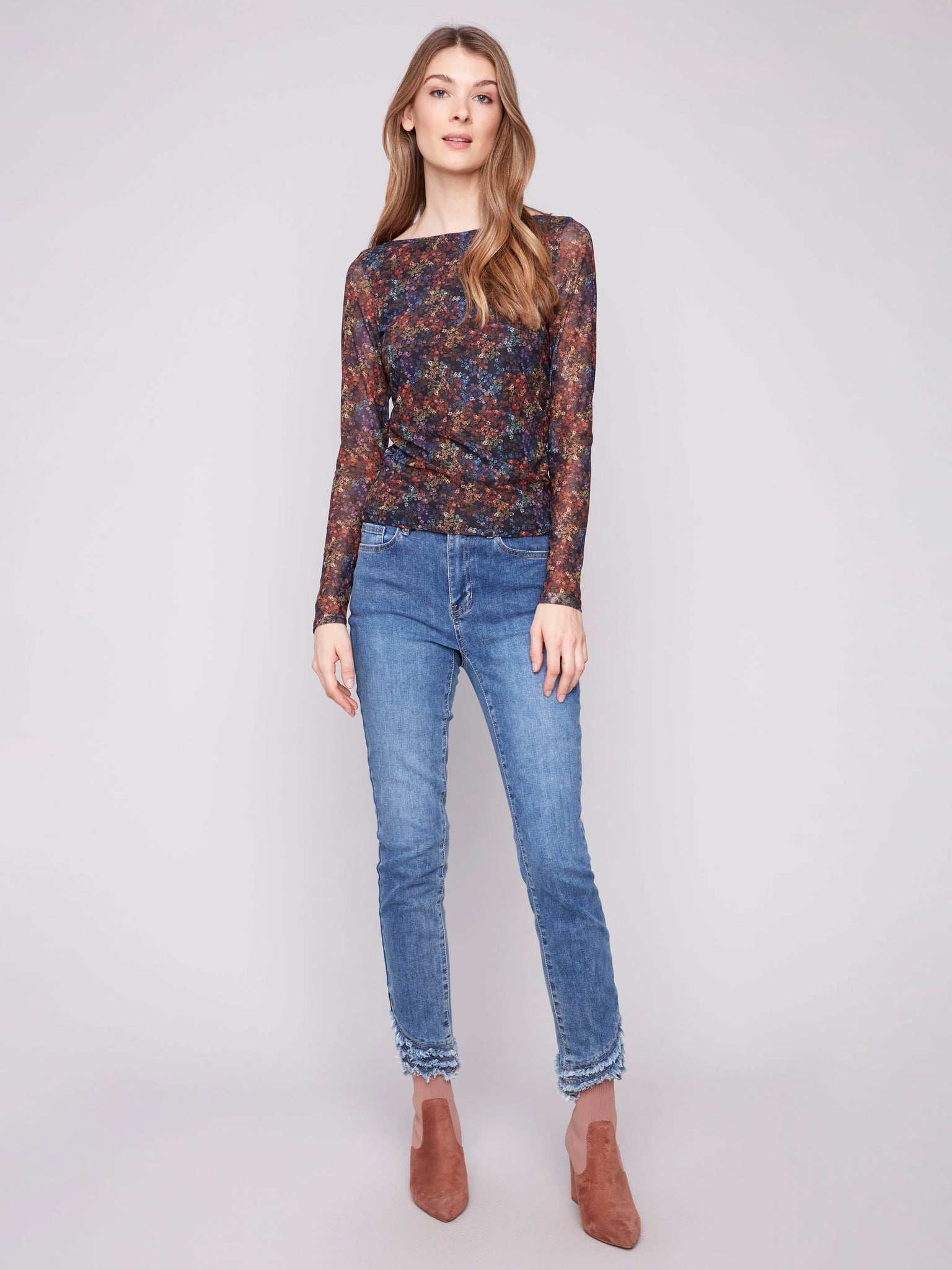 Printed Ruched Mesh Top