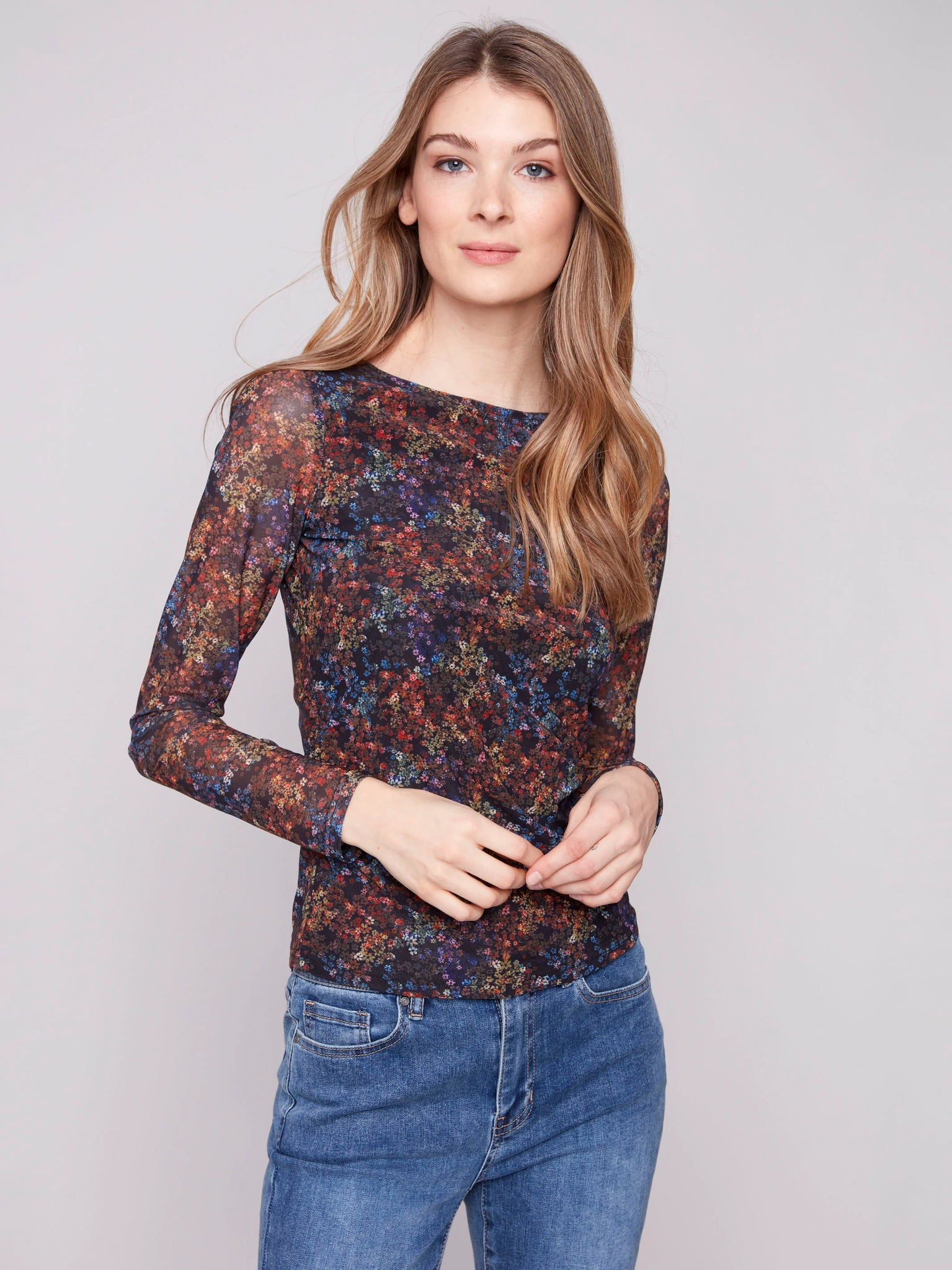 Printed Ruched Mesh Top