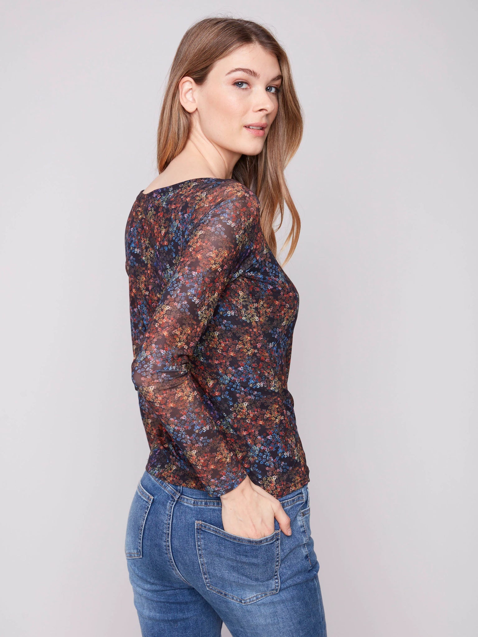 Printed Ruched Mesh Top