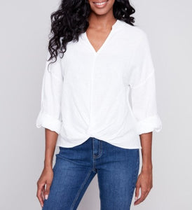 Bubble Cotton Blouse with Front Twist | White