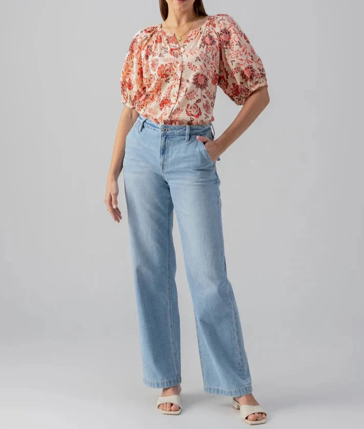 Bubble Sleeve Boho Blouse Pacific Light