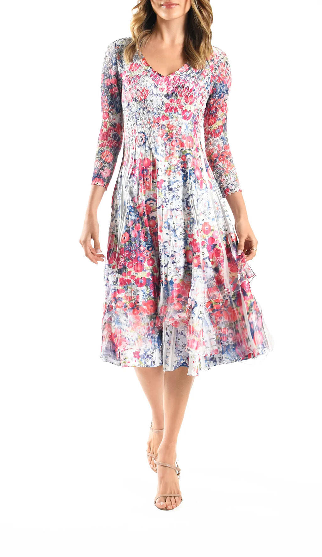 Komarov V Neck Charmuese Dress with Chiffon Bias Hem