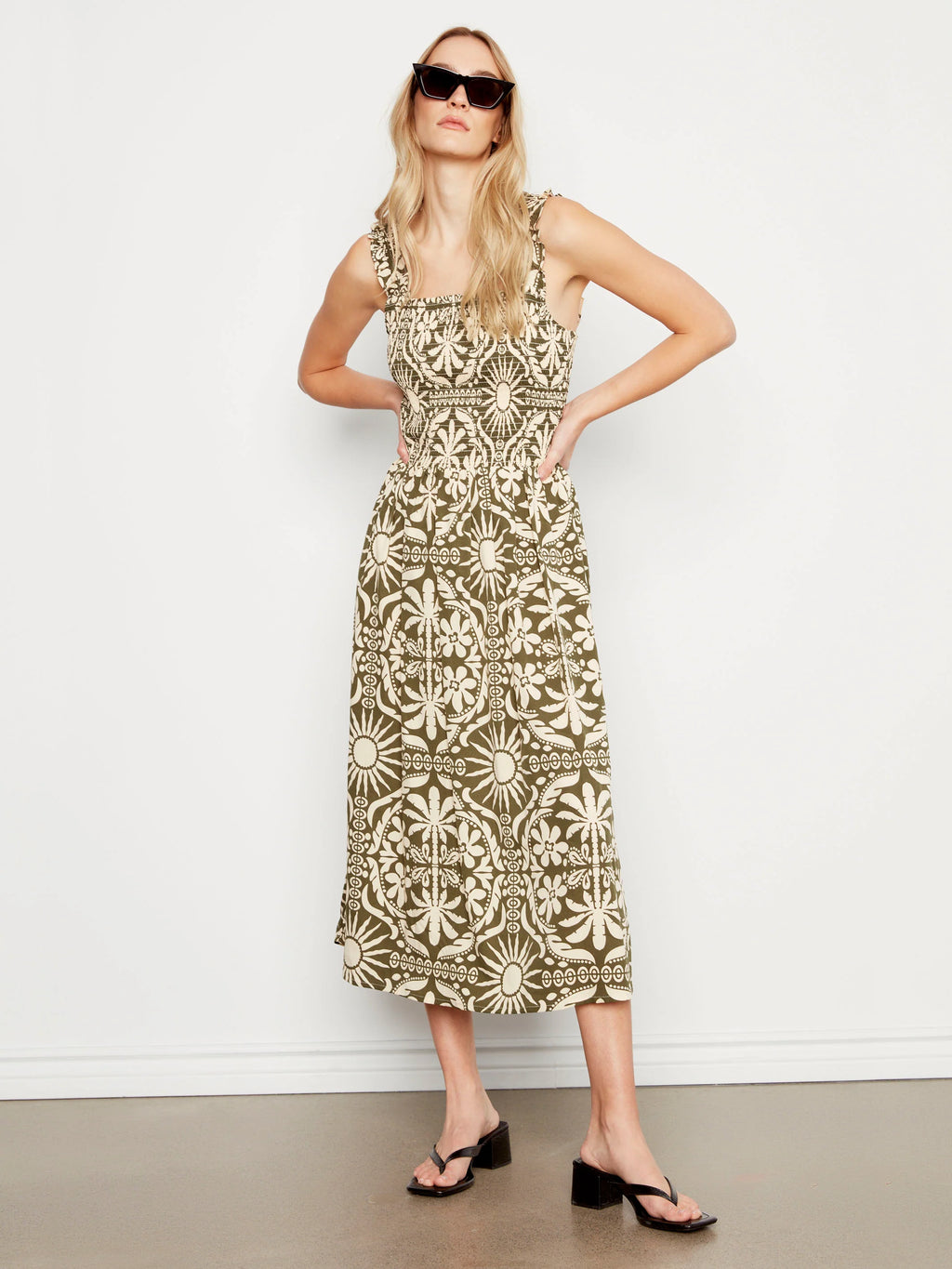 Printed Sleeveless Midi Dress with Shirring Detail