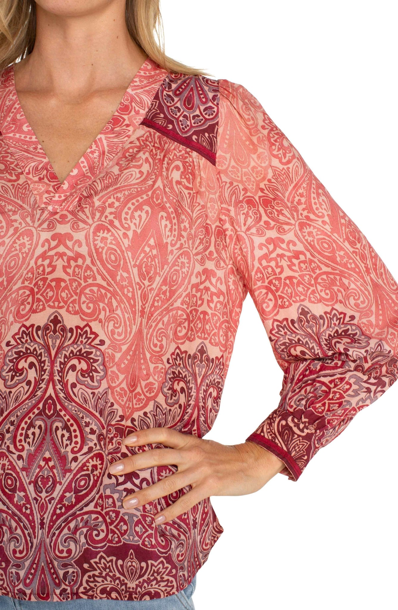 Long Sleeve V-Neck Woven Blouse
