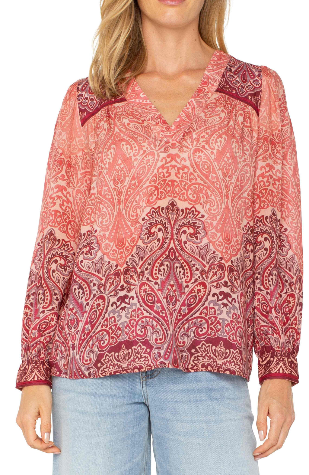 Long Sleeve V-Neck Woven Blouse