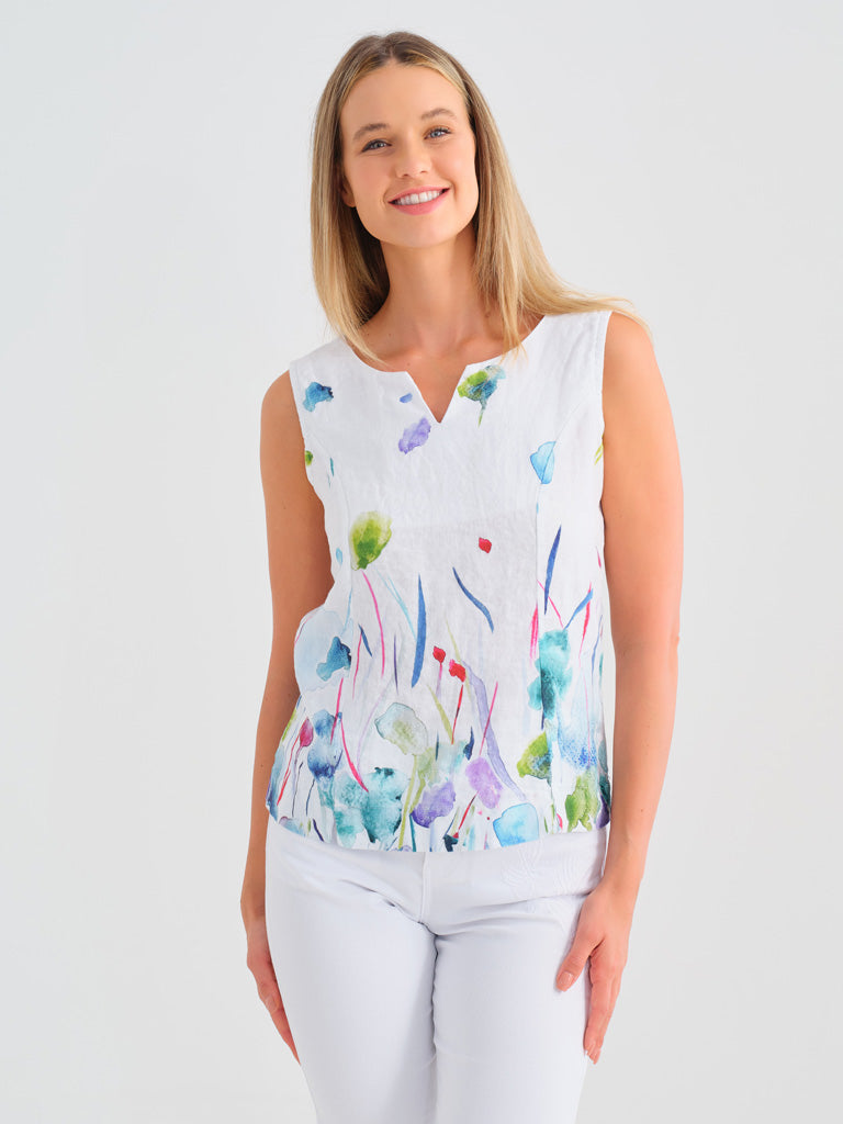 Sleeveless Split Neck Linen Art Top