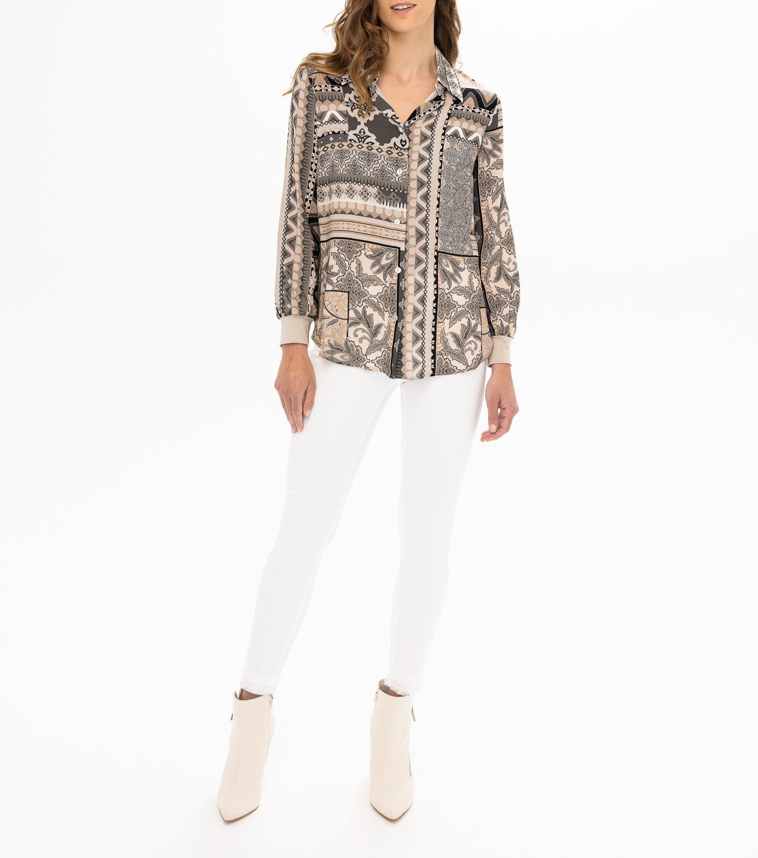 Long Sleeve Paisley Neutral Blouse | Cashew
