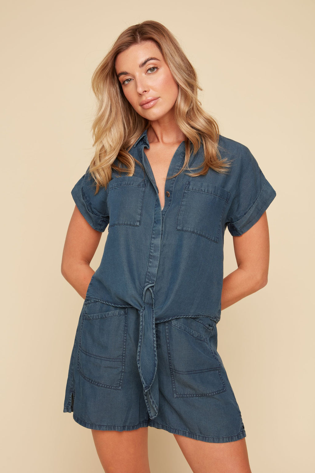 Short Sleeve Tencel Tie Blouse