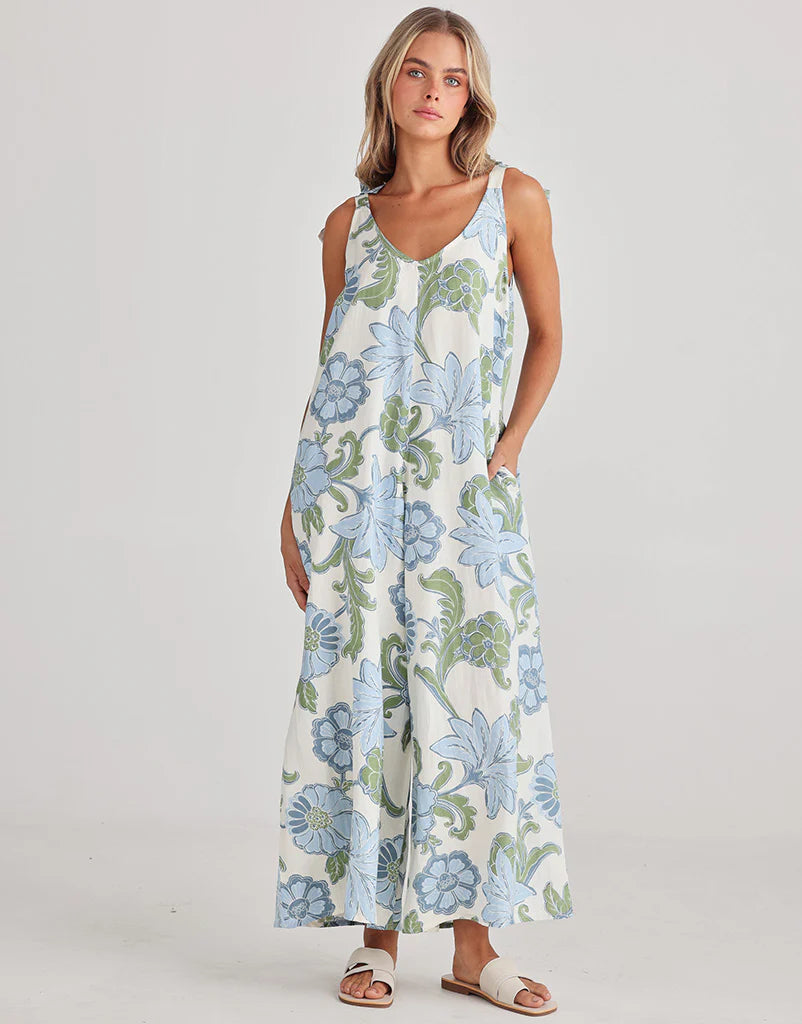 Temple Floral Print Scoop Neck Tie Shoulder Jumpsuit