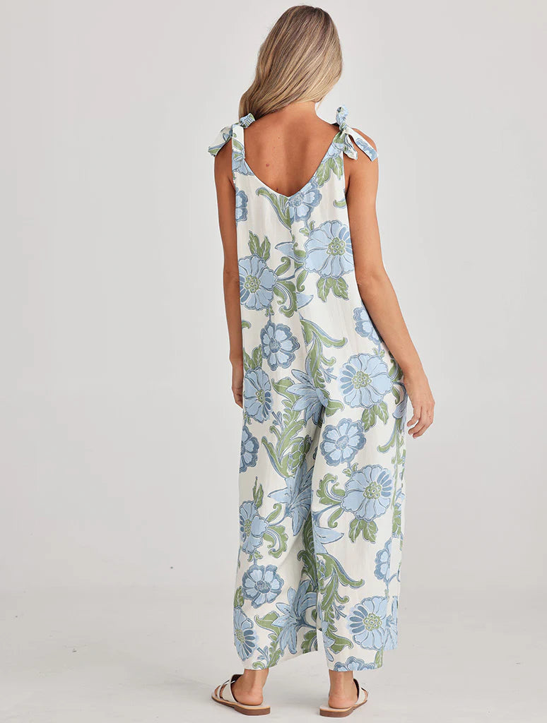 Temple Floral Print Scoop Neck Tie Shoulder Jumpsuit