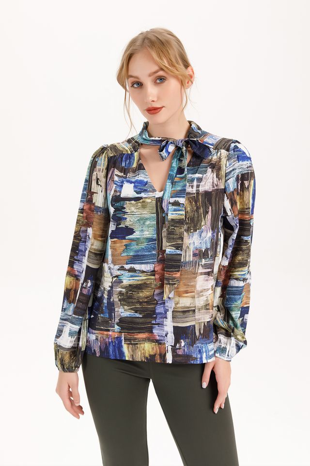 Long Sleeve Tie V-Neck Blouse