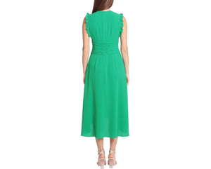V-Neck Ruffle Crepe Midi Dress | Jade