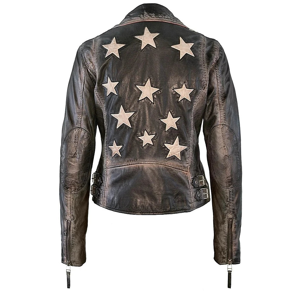 Christy RF Star Detail Leather Jacket | Vintage Black