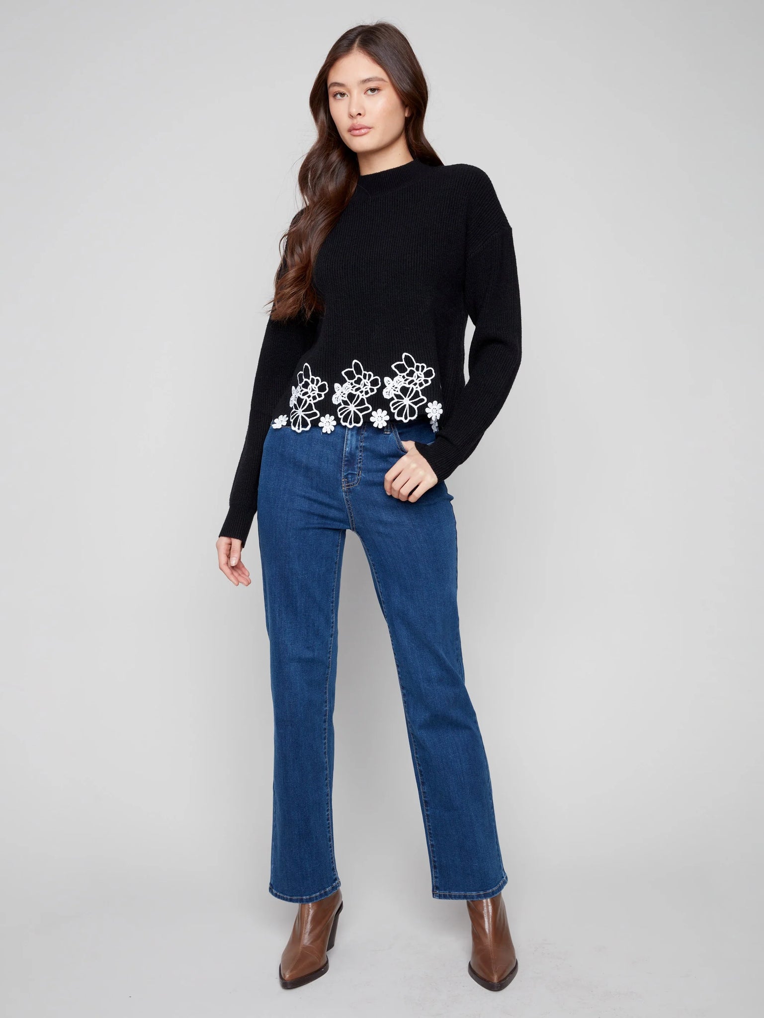 Mock Neck Sweater With Floral Lace Hem
