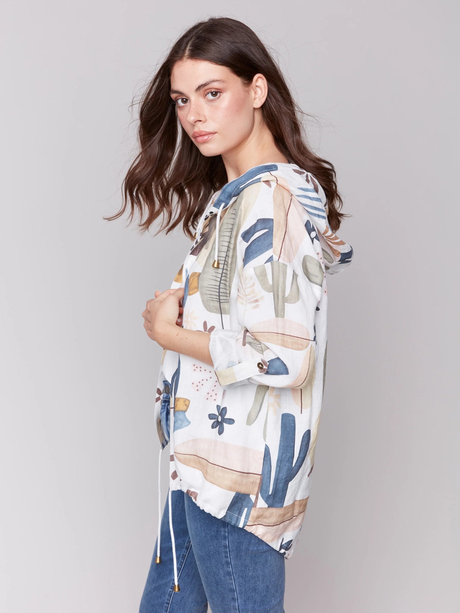 Printed Linen Blend Duster Jacket