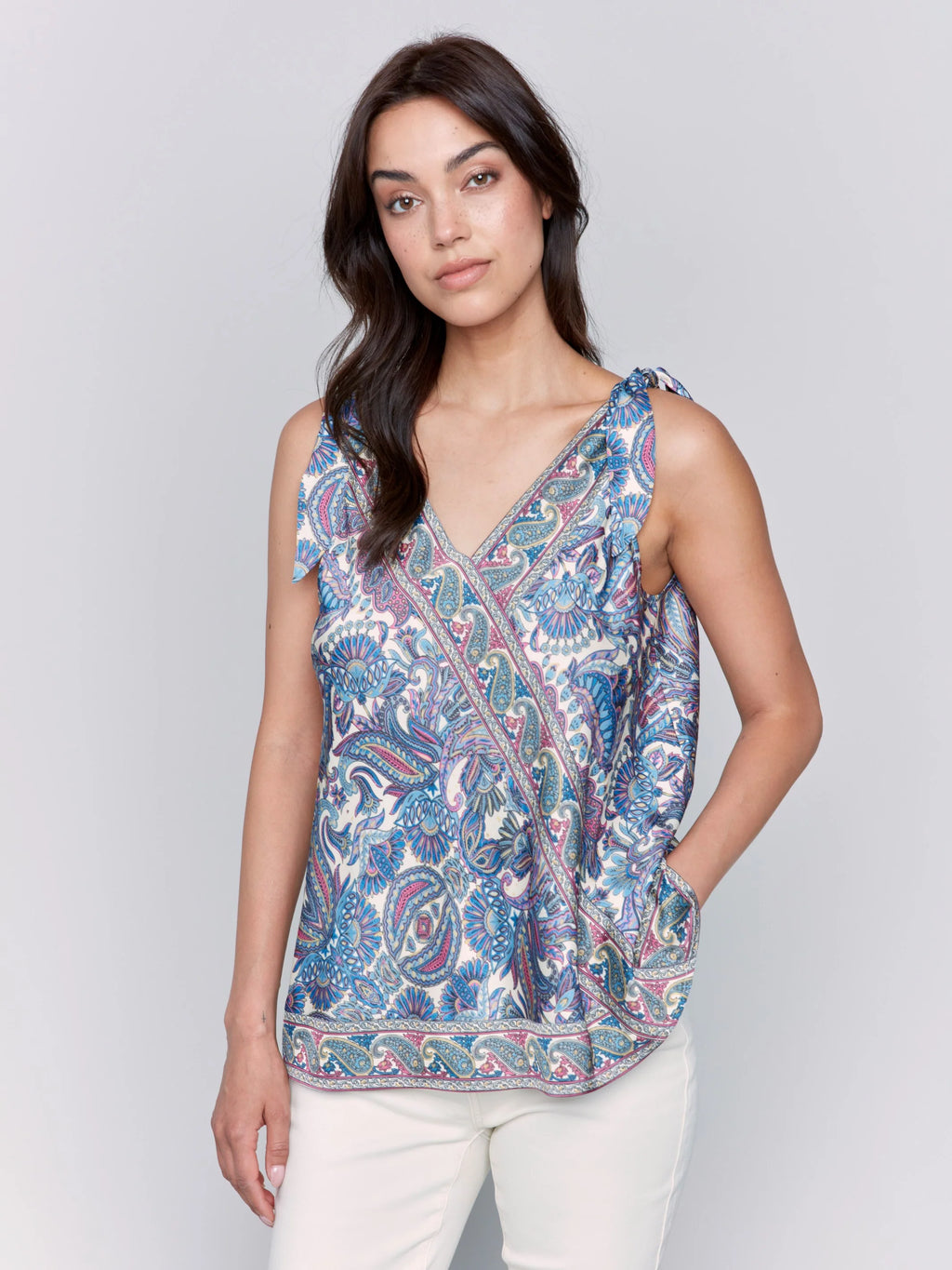 Printed Tie-Shoulder Satin Top