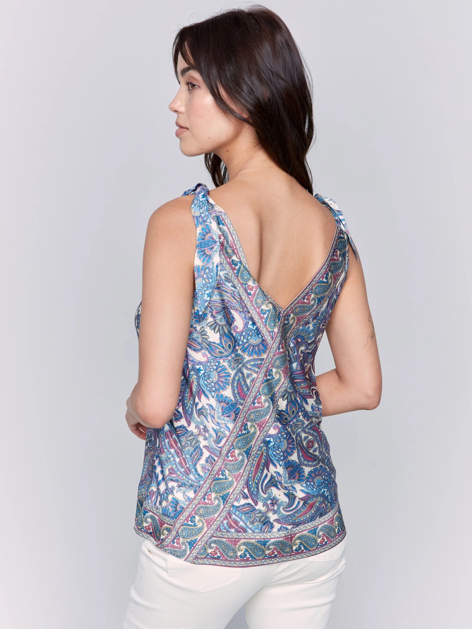 Printed Tie-Shoulder Satin Top