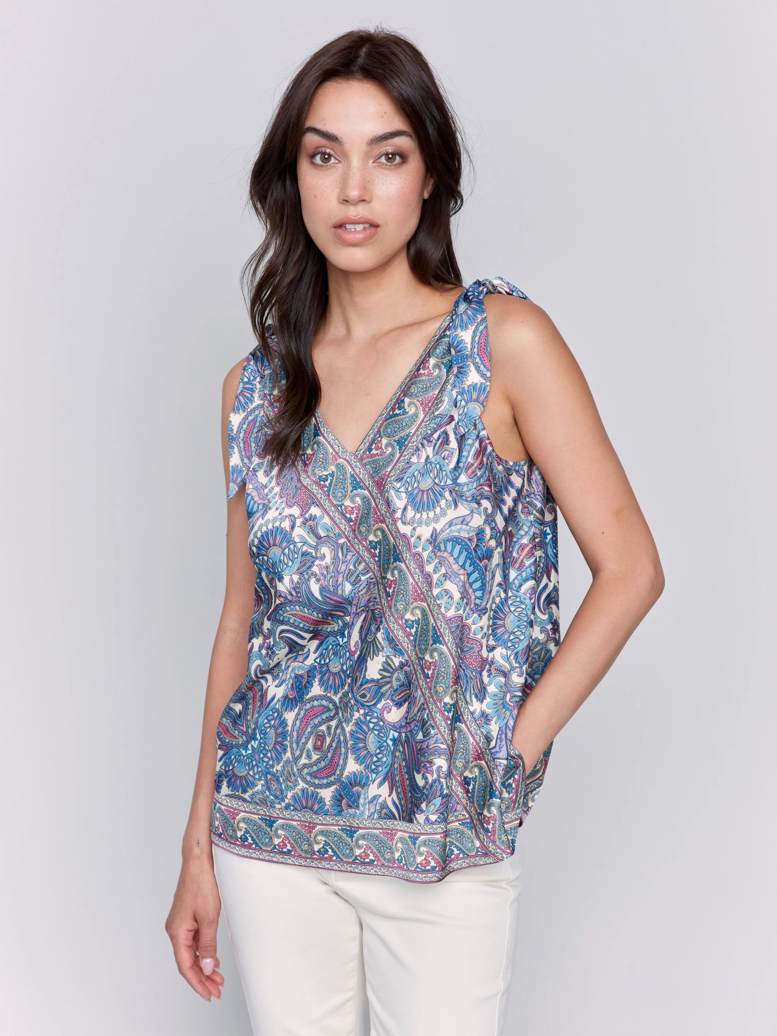 Printed Tie-Shoulder Satin Top