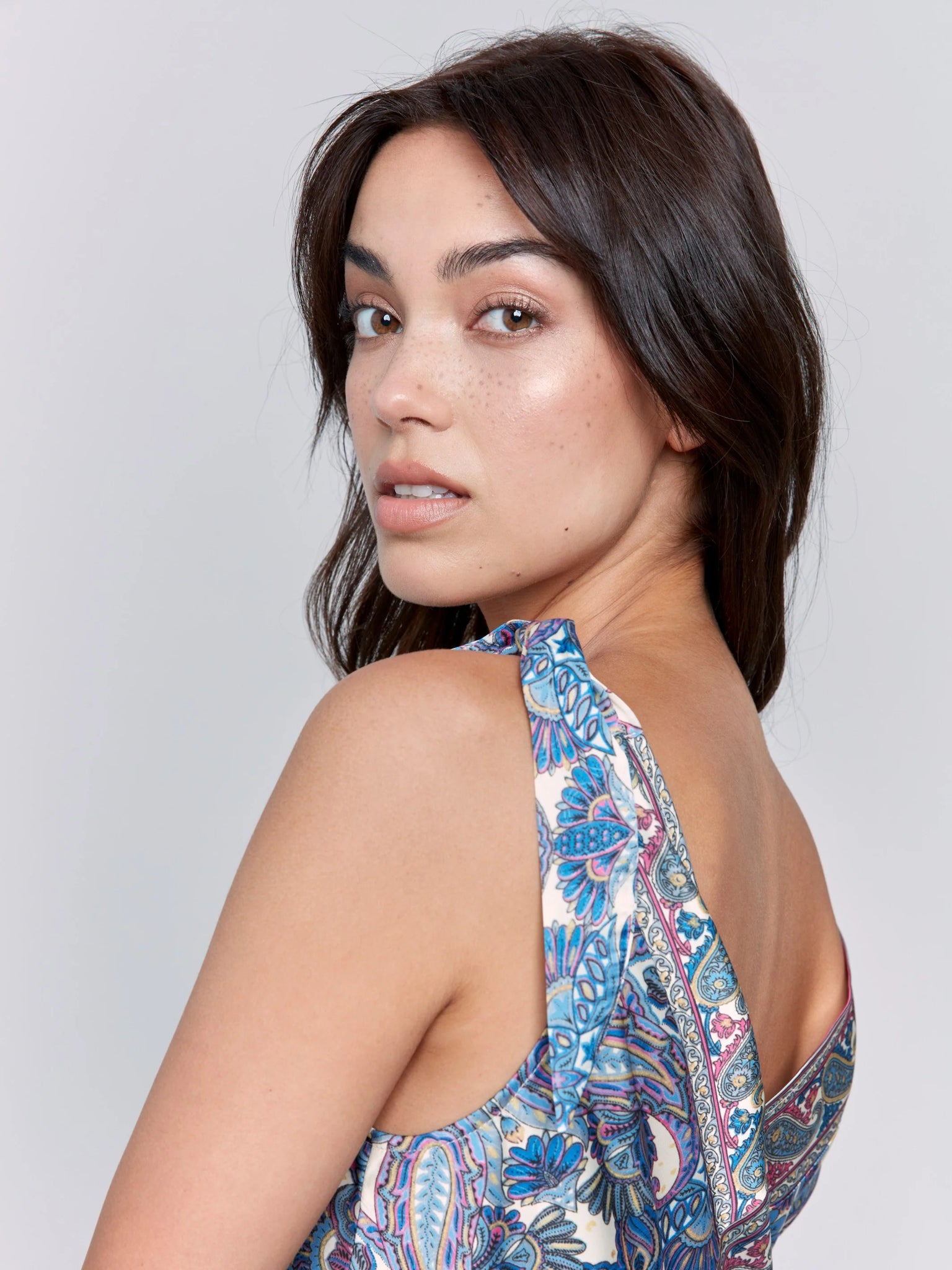Printed Tie-Shoulder Satin Top