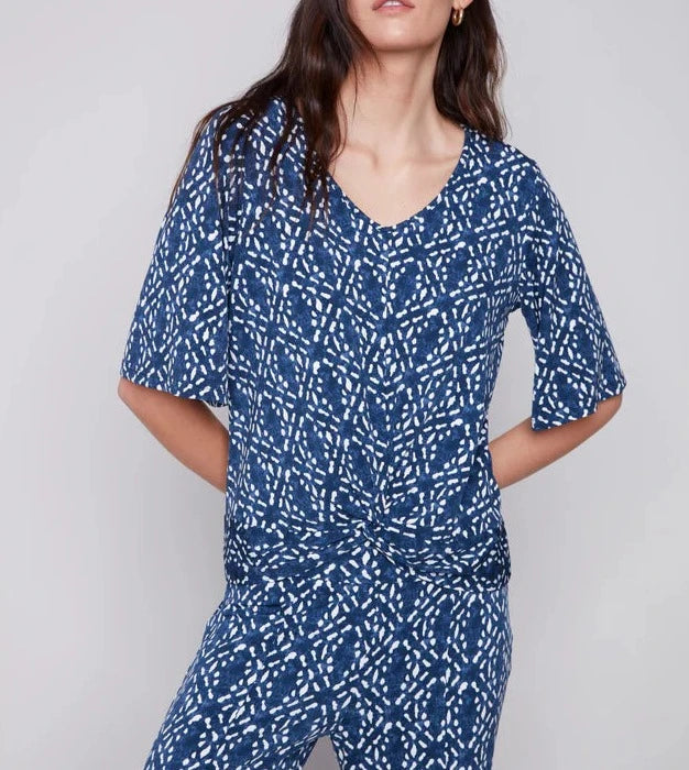 Short-Sleeved Printed Top with Front Knot - Indigo