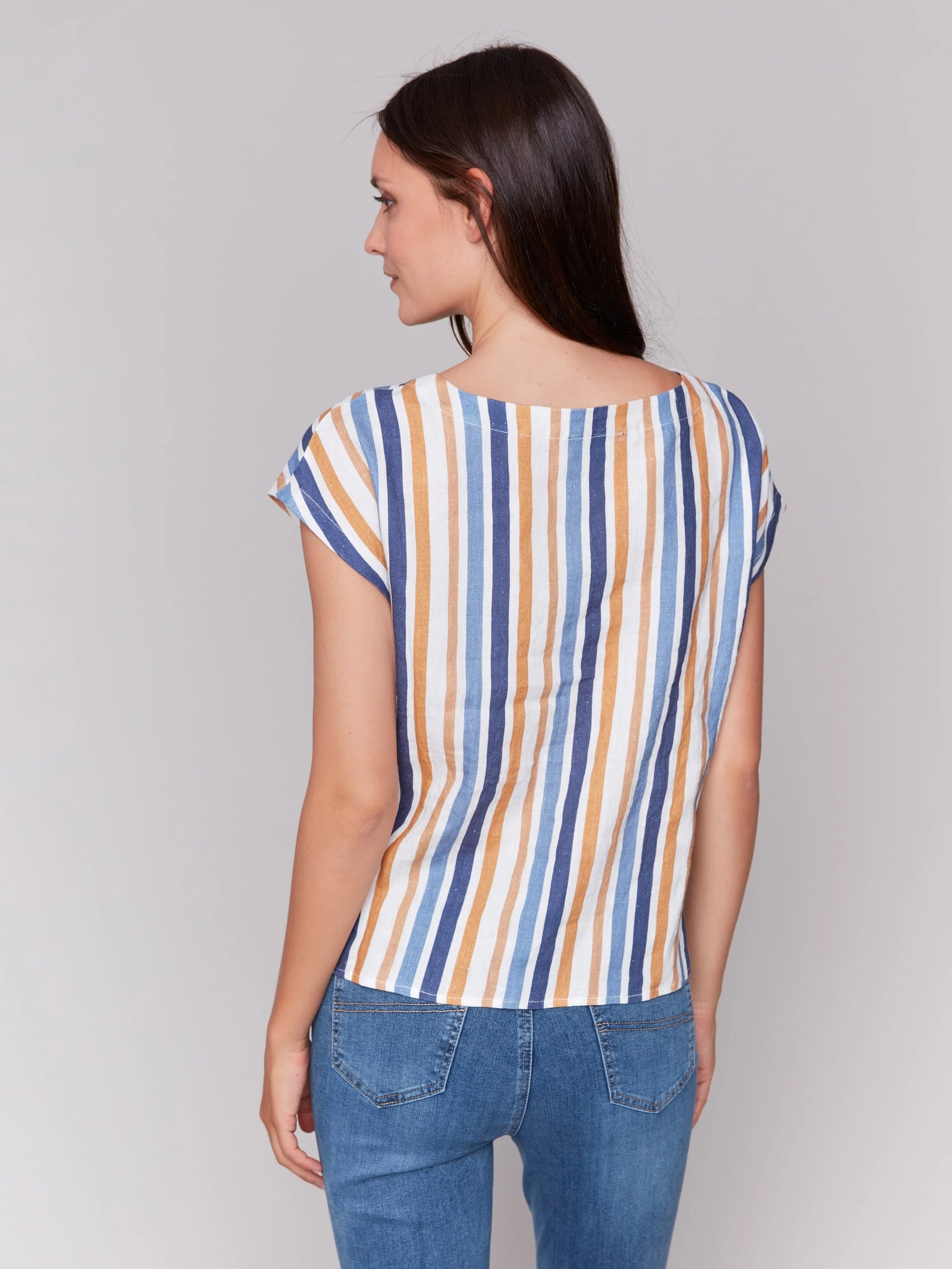 Striped Linen Blend Tie-Front Blouse