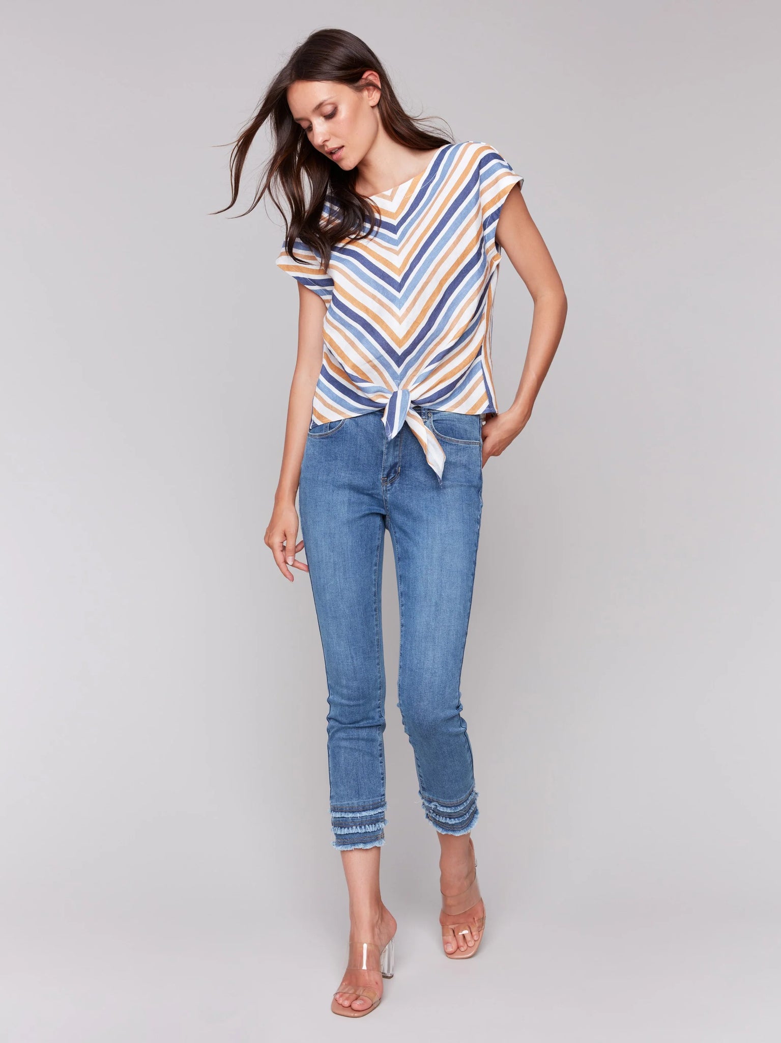 Striped Linen Blend Tie-Front Blouse